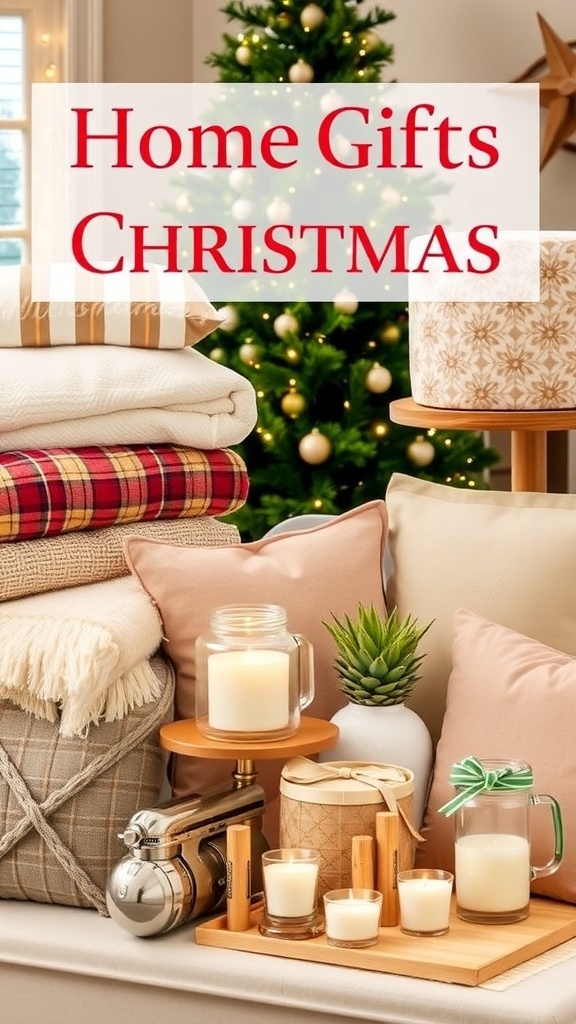 A festive arrangement of Christmas home gift ideas including blankets, pillows, candles, and kitchen gadgets.